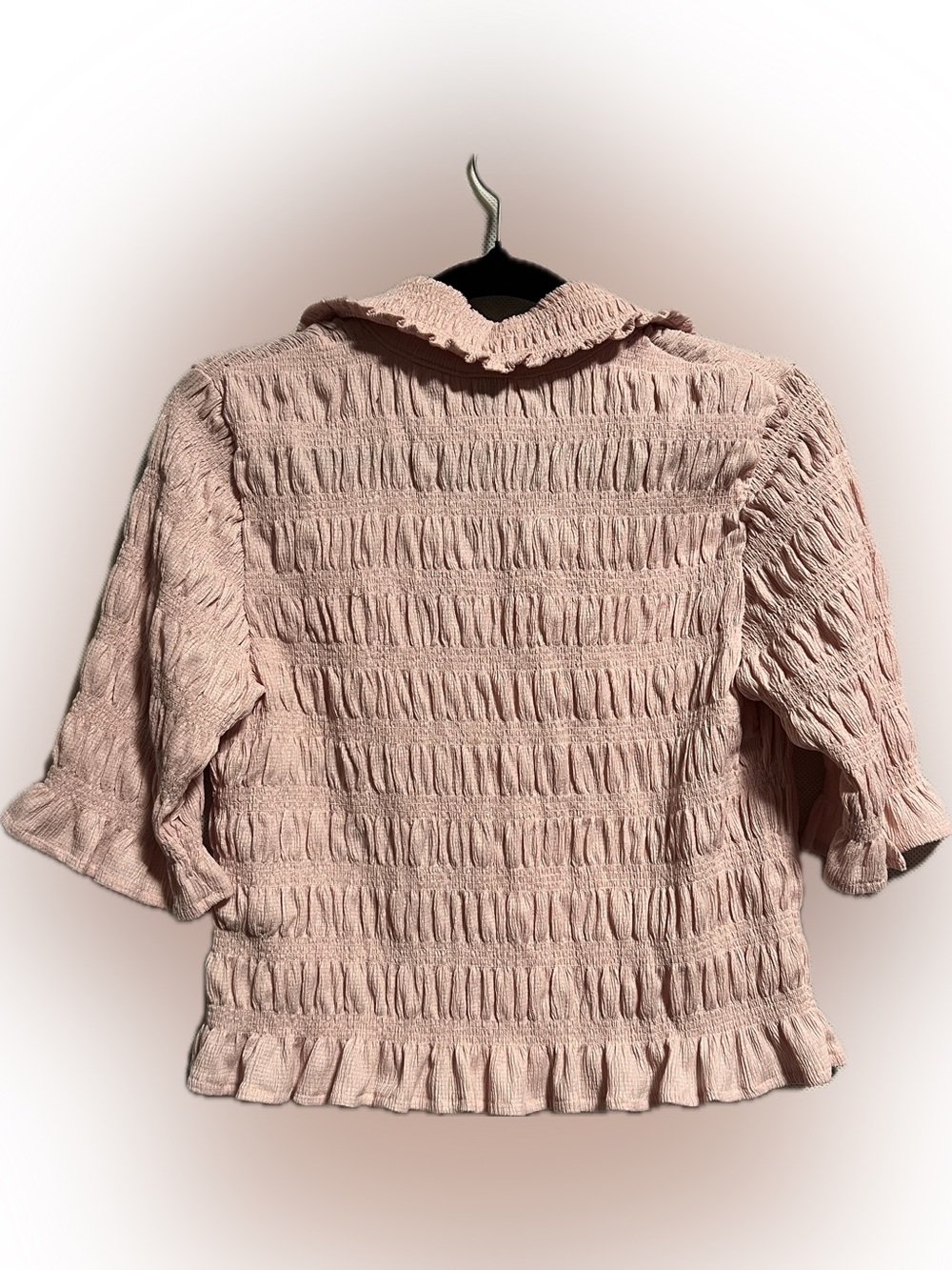 Maeve Pink Smocked Button-Front Ruffle Top | SMALL - Picture 3 of 4